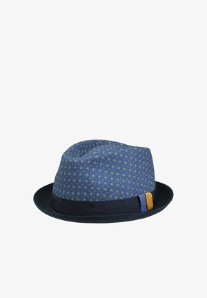 Blue patterned fedora with a navy brim, a black hatband, and blue and yellow accent ribbons on the side, shown against a white background.