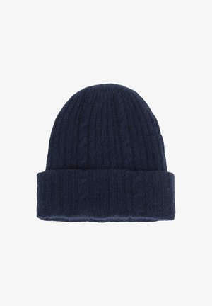 Granatowa dzianinowa czapka wykonana z wełny, z teksturowanym splotem w warkocz i zawiniętym mankietem. Miękka, ciepła tkanina idealna na zimne dni.