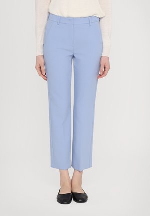 Light blue tailored trousers with a straight cut, featuring a flat front, belt loops, and side pockets. Worn with black flat shoes.