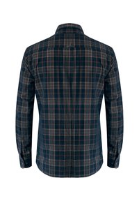 Camicia a maniche lunghe da uomo in plaid blu navy e verde scuro con accenti arancioni. Presenta un colletto e polsini con bottoni. Materiale in cotone.