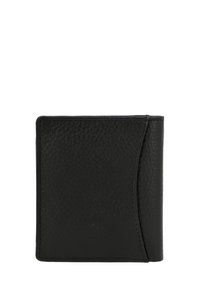 Černá strukturovaná kožená bifold peněženka s prohnutým prošívaným designem na pravé straně, zobrazená zavřená na bílém pozadí.