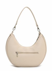 Skuldertaske i cremefarvet læder med rund form, der har en lynlåslomme foran og sølvfarvede metaldetaljer. Glat tekstur.