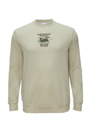 Helles beiges Sweatshirt aus weichem Stoff, mit Rundhalsausschnitt und gerippten Bündchen. Die Vorderseite zeigt ein bedrucktes Design mit Text und grafischen Elementen.