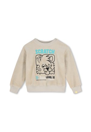 Sweat-shirt beige à manches longues pour enfants avec visage d'animal de dessin animé, texte bleu "SCRATCH," et texte noir "LEVEL 1Z" sur le devant.