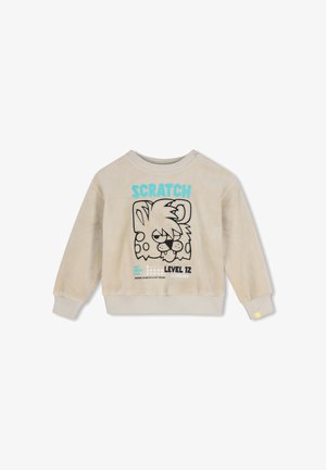 Sweat-shirt beige à manches longues pour enfants avec visage d'animal de dessin animé, texte bleu "SCRATCH," et texte noir "LEVEL 1Z" sur le devant.