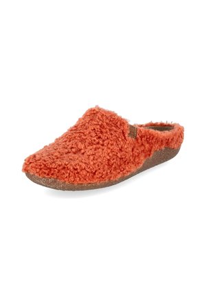 Zapatilla deslizante naranja peluda única con puntera cerrada y suela marrón, diseñada para la comodidad en interiores.