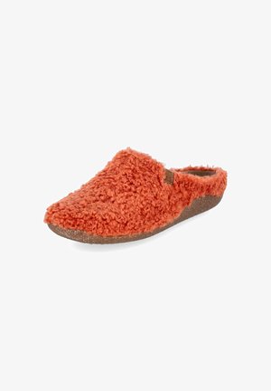 Zapatilla deslizante naranja peluda única con puntera cerrada y suela marrón, diseñada para la comodidad en interiores.