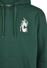 Green hoodie made of soft fabric featuring a textured surface, drawstrings with gold tips, and a white graphic design on the chest.