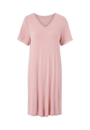 Rosa Nachthemd in knie-langer Länge mit V-Ausschnitt, kurzen Ärmeln und Spitzenbesatz an den Ärmeln. Hergestellt aus weichem, leichtem Stoff.