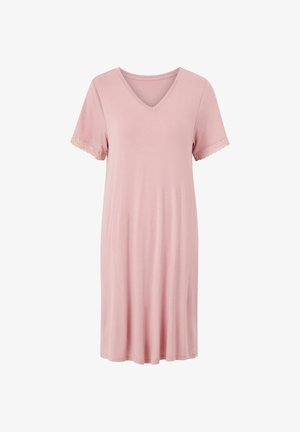 Rosa Nachthemd in knie-langer Länge mit V-Ausschnitt, kurzen Ärmeln und Spitzenbesatz an den Ärmeln. Hergestellt aus weichem, leichtem Stoff.