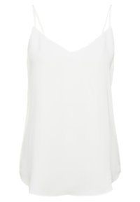 Camisole blanche sans manches pour femmes, avec de fines bretelles spaghetti et un col en V légèrement prononcé, fabriquée dans un tissu lisse et léger.