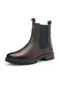 Dark brown leather ankle boot with black elastic side panels, pull tabs, and a thick black rubber sole with tread.