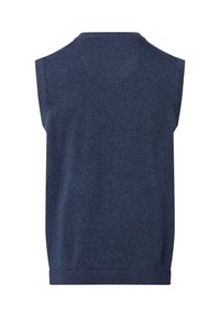 Beżowy bezrękawnik w kolorze granatowym z ribbowanym wykończeniem, gładką fakturą i okrągłym dekoltem. Czysty design, bez widocznych wzorów czy akcentów.