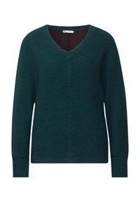 Maglione a V color verde acqua con tessuto strutturato, maniche lunghe e vestibilità leggermente ampia. Dettaglio notevole di cuciture lungo il centro.