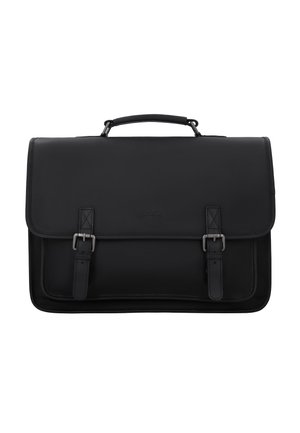 Schwarze Lederaktentasche mit zwei silbernen Schnallenriemen und gepolstertem Tragegriff vor weißem Hintergrund.