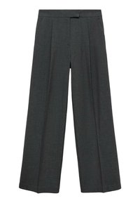Donkergrijze wijde broek met plooien aan de voorkant, gemaakt van een gestructureerde stof, met een platte tailleband zonder zichtbare sluitingen.