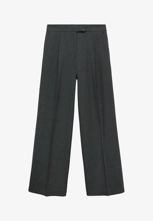 Dark gray wide-leg trousers with pleats at the front, made from a textured fabric, featuring a flat waistband without visible closures.