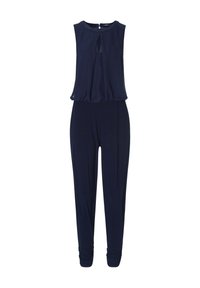 Mono azul marino con parte superior sin mangas, recorte en forma de ojal y cintura elástica. Hecho de tela suave, con puños fruncidos en los pantalones.
