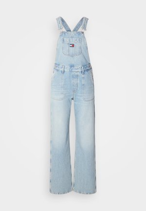 Helle blaue Denim-Latzhose mit weitem Bein, verstellbaren Trägern, Vordertaschen und einer Gesäßtasche mit einem Markenlabel.