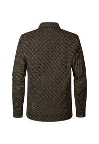 Langermige shirt in donkergroen met een geometrisch patroon in lichte kleuren. Heeft een puntige kraag en manchetten met knopen, slim fit ontwerp.