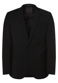Giacca nera con chiusura a un bottone, revers a punta, due tasche frontali e una fodera di satin liscia. Vestibilità su misura, strutturata.