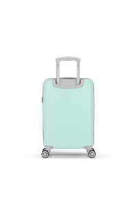 Harde koffer in mintgroen met een uitschuifbare handgreep, gladde textuur, vier wielen en een ritssluiting.