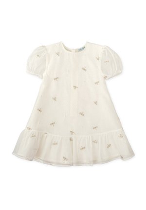 Vestido blanco con mangas abullonadas y un dobladillo con volantes. Presenta bordados de lazos dorados sobre un tejido texturizado, que ofrece una apariencia ligera y aireada.