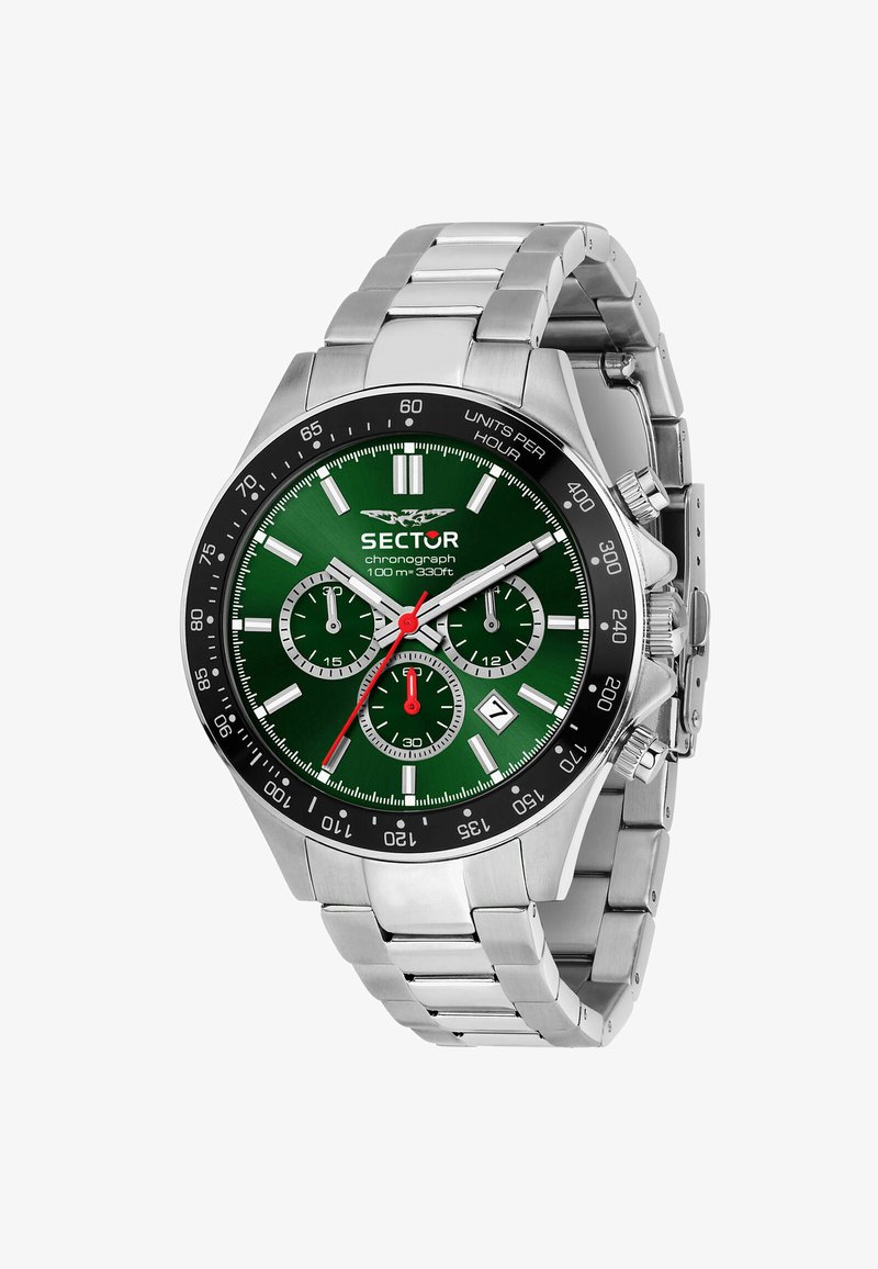 Sølv rustfrit stål chronograph ur med grøn skive, tre underkroner, et rødt sekundviser og en sort bezel. Har et metal link armbånd.
