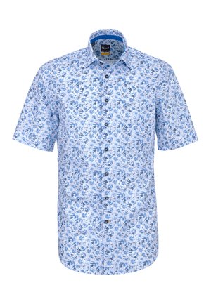 Kurzärmeliges Hemd mit Knopfleiste, blau-weißem Blumenmuster und offenem Kragen vor weißem Hintergrund.