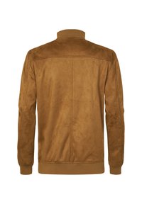 Giacca in suede marrone con colletto alto, maniche lunghe e una texture liscia con dettagli di cucitura minimi sul retro.