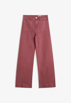 Wide-leg trousers in a muted rose color. Made from sturdy fabric, featuring two back pockets, button closure, and belt loops.