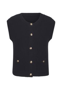 Marineblauer, gestrickter ärmelloser Pullunder mit rundem Halsausschnitt, fünf goldenen Knöpfen und zwei Vorderpockets. Texturierter Stoff mit geripptem Muster.