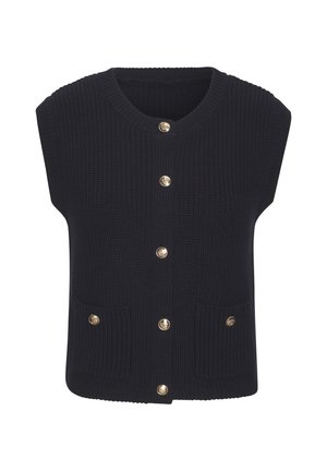 Marineblauer, gestrickter ärmelloser Pullunder mit rundem Halsausschnitt, fünf goldenen Knöpfen und zwei Vorderpockets. Texturierter Stoff mit geripptem Muster.