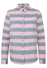 Chemise à boutons rayée horizontalement en rose clair et bleu, manches longues, col classique, ornée de boutons marron et ourlet arrondi.