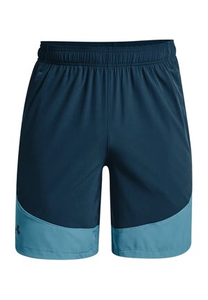 Pantalones cortos azul marino con una cintura elástica, con detalles en azul claro en los laterales inferiores y una textura de tela suave y ligera.