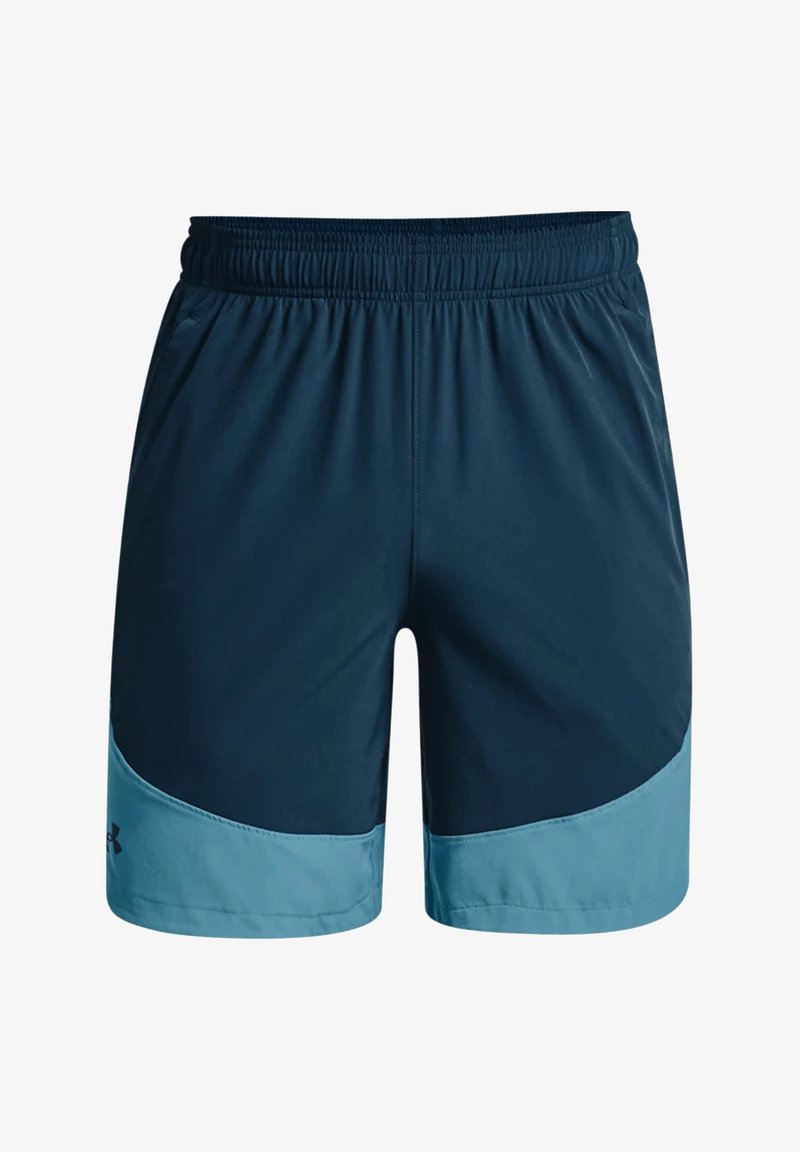 Marineblaue Shorts mit einem elastischen Bund, versehen mit hellblauen Akzenten an den unteren Seiten und einer glatten, leichtgewichtigen Stoffstruktur.
