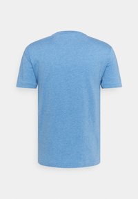 Blue short-sleeve t-shirt with a rounded neckline and smooth texture, featuring a heathered pattern and standard fit.
