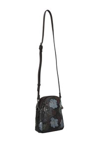 Lille sort lædertaske med skulderrem med blomstermønster i blå og rød, med lynlåslukning og justerbar rem.