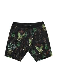 Černé šortky s botanickým vzorem, na kterých jsou zelené kapradiny a červené akcenty, vyrobené z měkkého materiálu, s elastickým pasem.