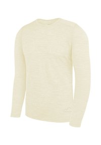 Langärmliges, cremefarbenes Shirt mit Rundhalsausschnitt, feiner Textur und kleinem Logo nahe dem unteren Saum auf der linken Seite.