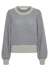 Strickpullover in strukturiertem Grau mit Rundhalsausschnitt, Ballonärmeln und geripptem Saum. Verfügt über ein Muster aus erhabenen Rauten in hell- und dunkelgrau.