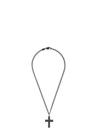 Collana in metallo nero con pendente a croce, finitura testurizzata e design a catena, chiusa con un clasp.