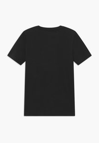 Black short-sleeve T-shirt made of cotton. Classic crew neckline with a smooth texture. Plain design, no visible branding or patterns.
