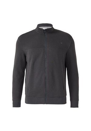 Czarna szara kurtka na zamek, wykonana z gładkiego materiału, z kołnierzem stającym i dwoma bocznymi kieszeniami, z ribbowymi mankietami i wykończeniem u dołu.