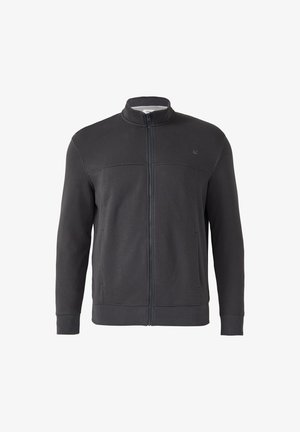 Czarna szara kurtka na zamek, wykonana z gładkiego materiału, z kołnierzem stającym i dwoma bocznymi kieszeniami, z ribbowymi mankietami i wykończeniem u dołu.