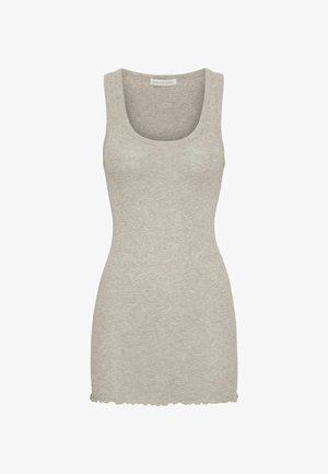 Helehall hall kaelusega ja lainelise äärega pehme ja veniva kangaga t-särk. Mugavuseks on see ilma varrukateta.