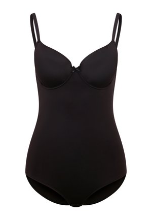 Zwarte body met gepolsterde cups, dunne verstelbare banden, een gladde textuur en een strikaccent in het midden. Ontworpen voor een slanke silhouet.
