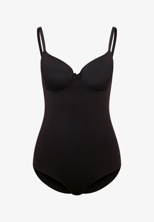 Black bodysuit with padded cups, thin adjustable straps, smooth texture, and a center bow accent. Designed for a fitted silhouette.