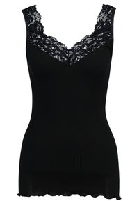 Czarny prążkowany top na ramiączkach z koronkową lamówką przy dekolcie. Posiada dopasowany krój i falowane wykończenie na dole, wykonany z miękkiego, elastycznego materiału.