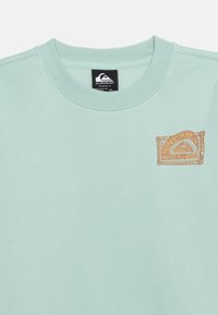 Φούτερ σε μέντα πράσινο με στρογγυλή λαιμόκοψη, μικρό καφέ και πορτοκαλί λογότυπο σε φυλετικό στυλ στο αριστερό στήθος και μαύρη ετικέτα της μάρκας στο εσωτερικό του γιακά.